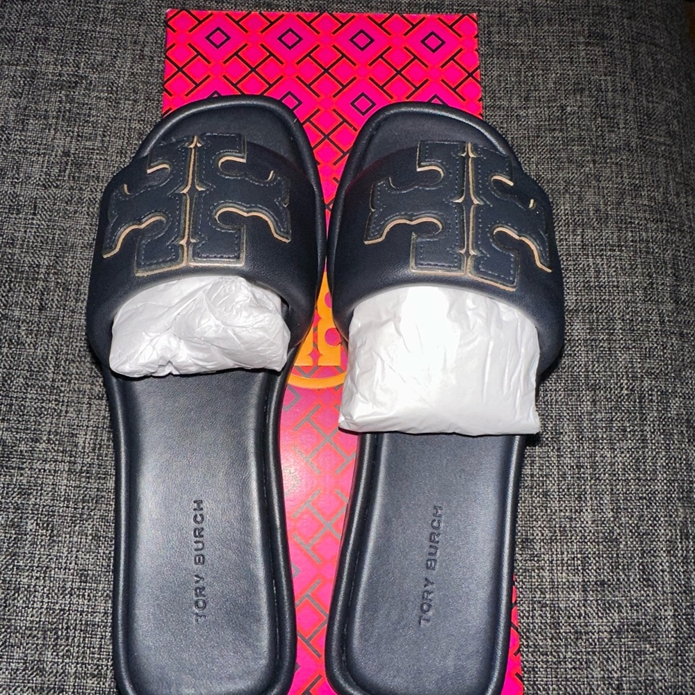 Tory Burch Dark Blue Slide Sandals - Picture 2 of 7